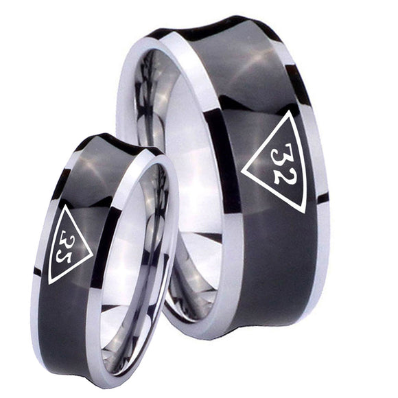 Bride and Groom Masonic 32 Triangle Freemason Concave Black Tungsten Carbide Bands Ring Set