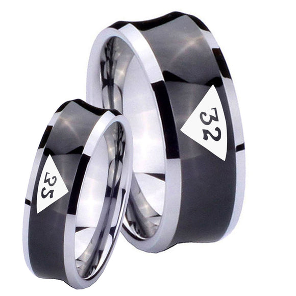 Bride and Groom Masonic 32 Triangle Design Freemason Concave Black Tungsten Carbide Bands Ring Set