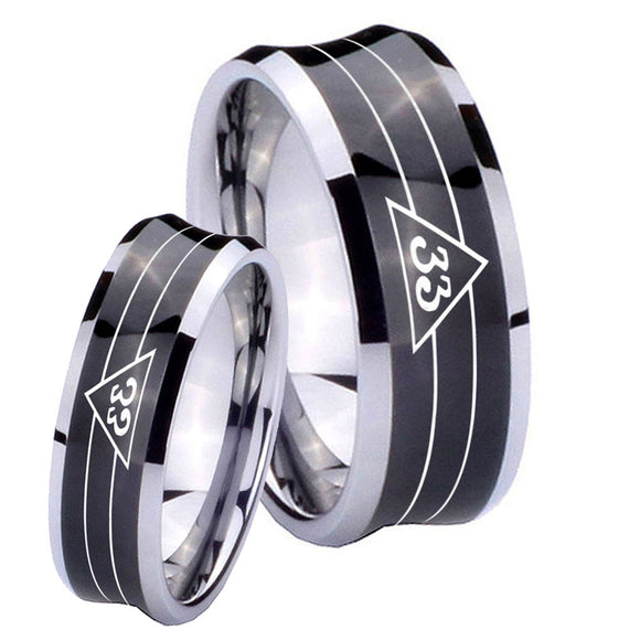 Bride and Groom Masonic 32 Duo Line Freemason Concave Black Tungsten Carbide Bands Ring Set