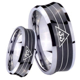 8mm Masonic 32 Duo Line Freemason Concave Black Tungsten Carbide Mens Ring Engraved