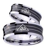 Bride and Groom Masonic 32 Duo Line Freemason Concave Black Tungsten Carbide Bands Ring Set