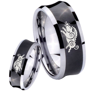 His and Hers Wild Boar Concave Black Tungsten Mens Ring Engraved Set