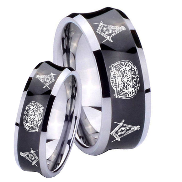 Bride and Groom Masonic 32 Design Concave Black Tungsten Men's Promise Rings Set