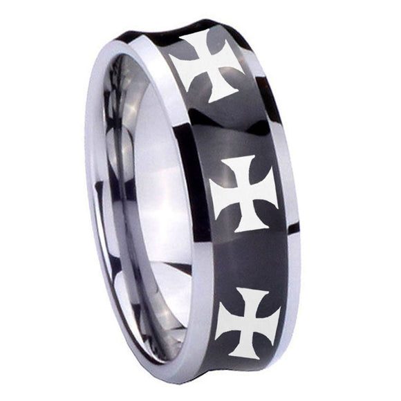 8mm Multiple Maltese Cross Concave Black Tungsten Carbide Mens Promise Ring