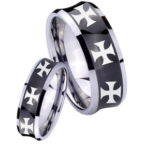 His Hers Multiple Maltese Cross Concave Black Tungsten Wedding Bands Ring Set