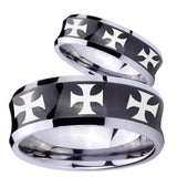 His Hers Multiple Maltese Cross Concave Black Tungsten Wedding Bands Ring Set