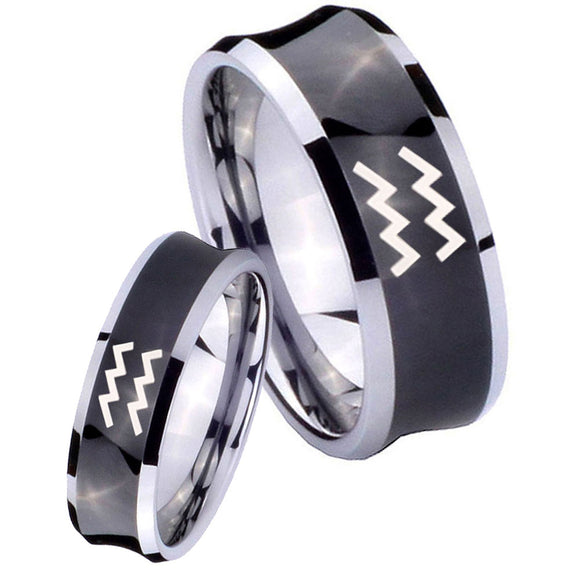 His Hers Aquarius Horoscope Concave Black Tungsten Men's Engagement Ring Set
