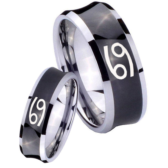 His and Hers Cancer Horoscope Concave Black Tungsten Men's Promise Rings Set