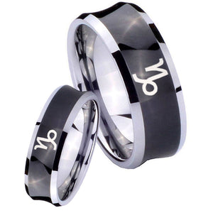 Bride and Groom Capricorn Zodiac Concave Black Tungsten Carbide Mens Ring Set