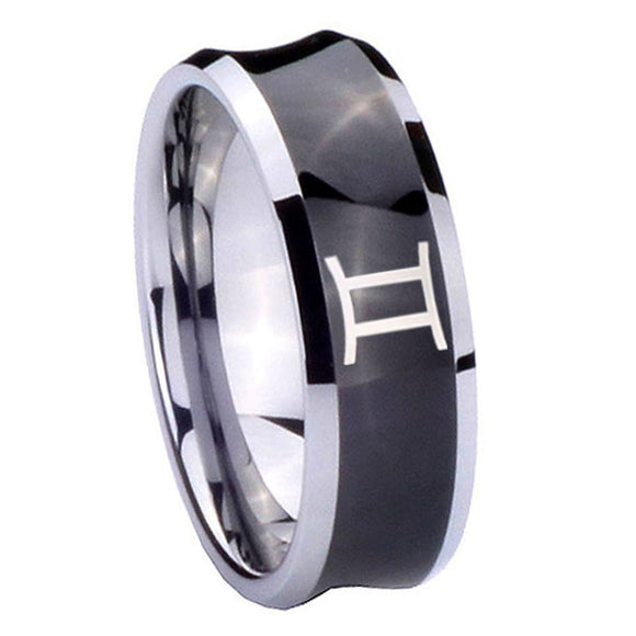 10mm Gemini Zodiac Concave Black Tungsten Carbide Mens Wedding Ring