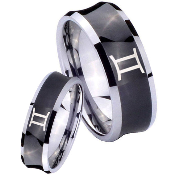 Bride and Groom Gemini Zodiac Concave Black Tungsten Carbide Men's Ring Set
