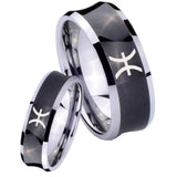 Bride and Groom Pisces Zodiac Concave Black Tungsten Mens Wedding Band Set