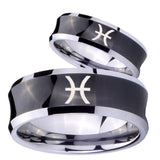 Bride and Groom Pisces Zodiac Concave Black Tungsten Mens Wedding Band Set