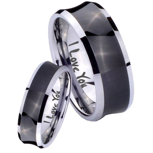 Bride and Groom I Love You Concave Black Tungsten Wedding Engagement Ring Set