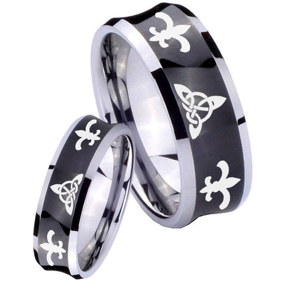 His Hers Celtic Triangle Fleur De Lis Concave Black Tungsten Engraving Ring Set