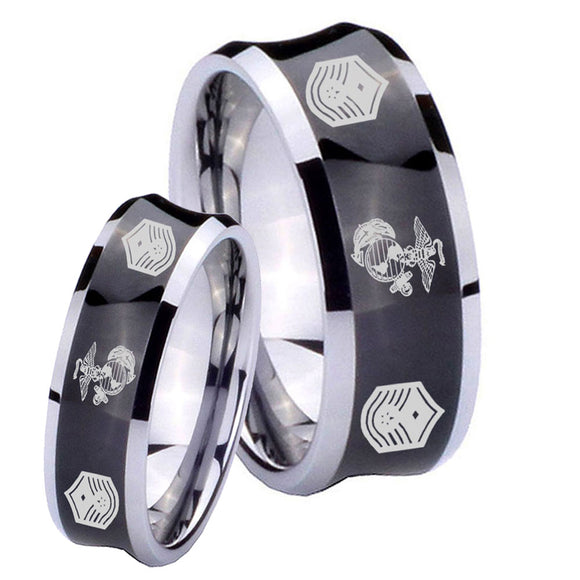 His Hers Marine Chief Master Sergeant  Concave Black Tungsten Mens Wedding Band Set