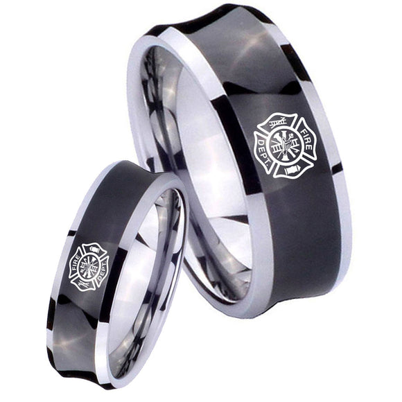 Bride and Groom Fire Department Concave Black Tungsten Carbide Bands Ring Set