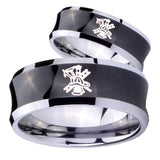Bride and Groom Fireman Concave Black Tungsten Wedding Engraving Ring Set
