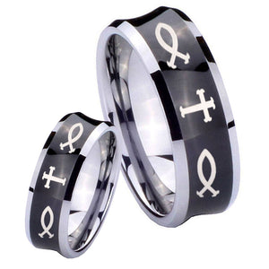 Bride and Groom Fish & Cross Concave Black Tungsten Carbide Engagement Ring Set
