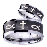 Bride and Groom Fish & Cross Concave Black Tungsten Carbide Engagement Ring Set