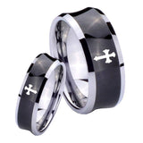 Bride and Groom Flat Christian Cross Concave Black Tungsten Engraved Ring Set