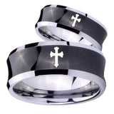 Bride and Groom Flat Christian Cross Concave Black Tungsten Engraved Ring Set