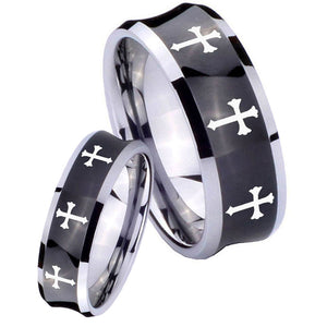 His Hers Multiple Christian Cross Concave Black Tungsten Custom Mens Ring Set