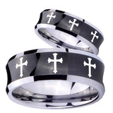 His Hers Multiple Christian Cross Concave Black Tungsten Custom Mens Ring Set