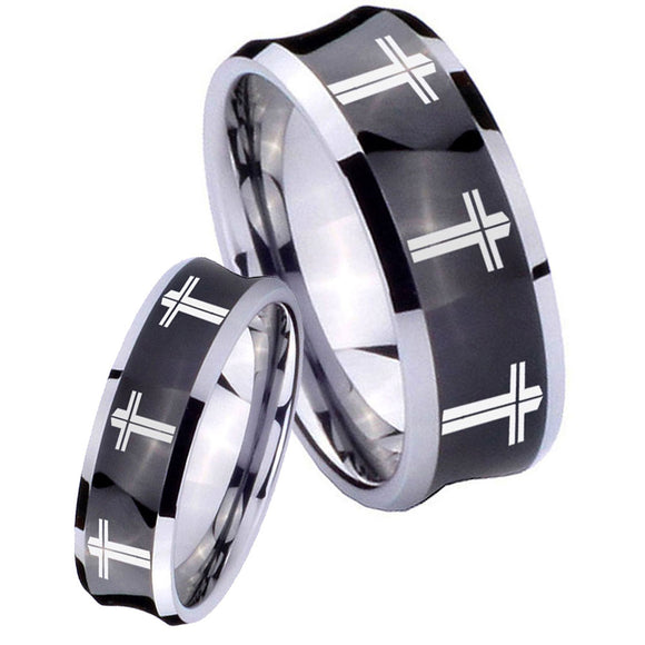 His Hers Multiple Christian Cross Concave Black Tungsten Engagement Ring Set