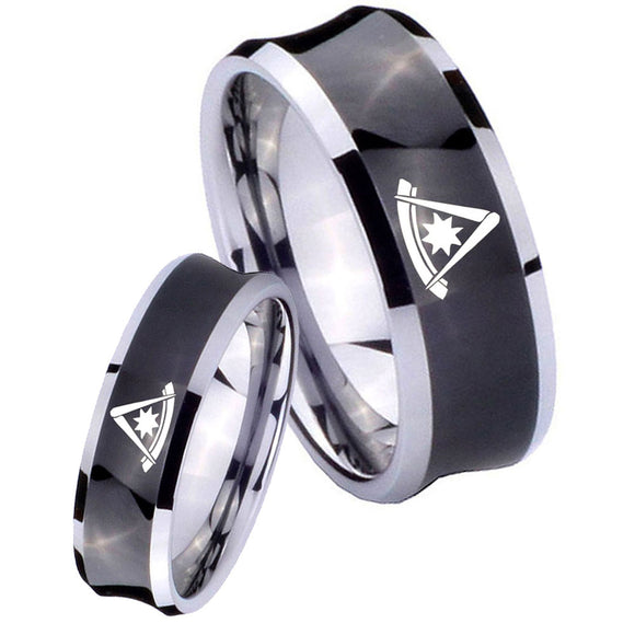 His Hers Pester Master Masonic Concave Black Tungsten Mens Anniversary Ring Set