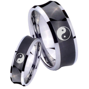 Bride and Groom Yin Yang Concave Black Tungsten Carbide Mens Engagement Band Set