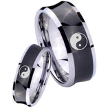 Bride and Groom Yin Yang Concave Black Tungsten Carbide Mens Engagement Band Set