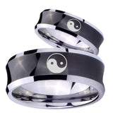 Bride and Groom Yin Yang Concave Black Tungsten Carbide Mens Engagement Band Set