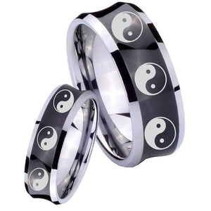 His Hers Multiple Yin Yang Concave Black Tungsten Men's Engagement Band Set