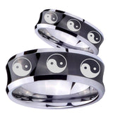 His Hers Multiple Yin Yang Concave Black Tungsten Men's Engagement Band Set
