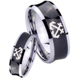 Bride and Groom Anchor Concave Black Tungsten Carbide Mens Promise Ring Set