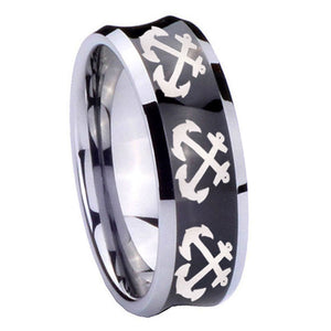 10mm Multiple Anchor Concave Black Tungsten Carbide Mens Bands Ring