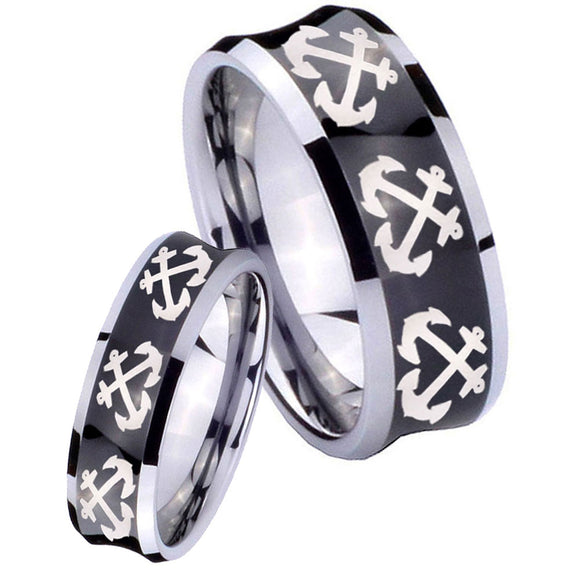 His and Hers Multiple Anchor Concave Black Tungsten Men's Promise Rings Set