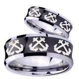 His and Hers Multiple Anchor Concave Black Tungsten Men's Promise Rings Set