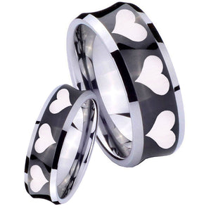 Bride and Groom Multiple Heart Concave Black Tungsten Personalized Ring Set