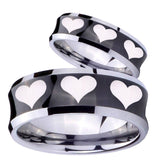 Bride and Groom Multiple Heart Concave Black Tungsten Personalized Ring Set