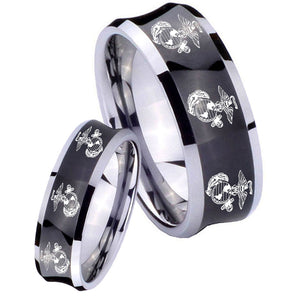 Bride and Groom Multiple Marine Concave Black Tungsten Carbide Mens Ring Set