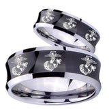 Bride and Groom Multiple Marine Concave Black Tungsten Carbide Mens Ring Set