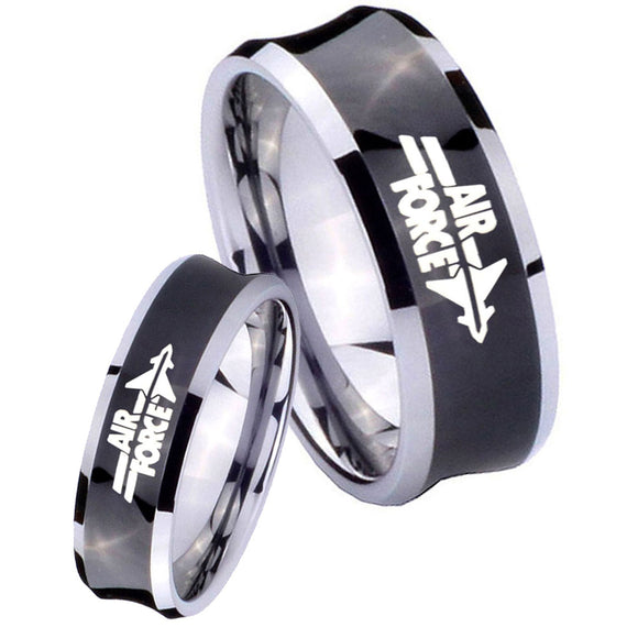 His Her Black Concave Air Force Two Tone Tungsten Wedding Rings Set