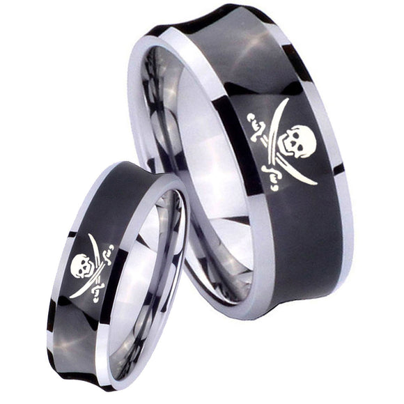 Bride and Groom Skull Pirate Concave Black Tungsten Carbide Mens Bands Ring Set