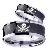 Bride and Groom Skull Pirate Concave Black Tungsten Carbide Mens Bands Ring Set