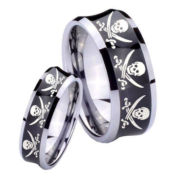 His Hers Multiple Skull Pirate Concave Black Tungsten Mens Engagement Band Set