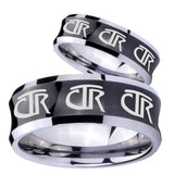 Bride and Groom Multiple CTR Concave Black Tungsten Carbide Anniversary Ring Set