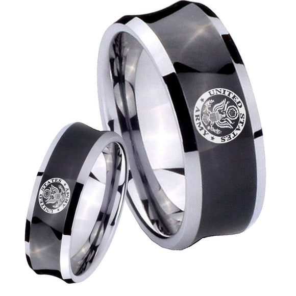 His and Hers U.S. Army Concave Black Tungsten Mens Ring Engraved Set