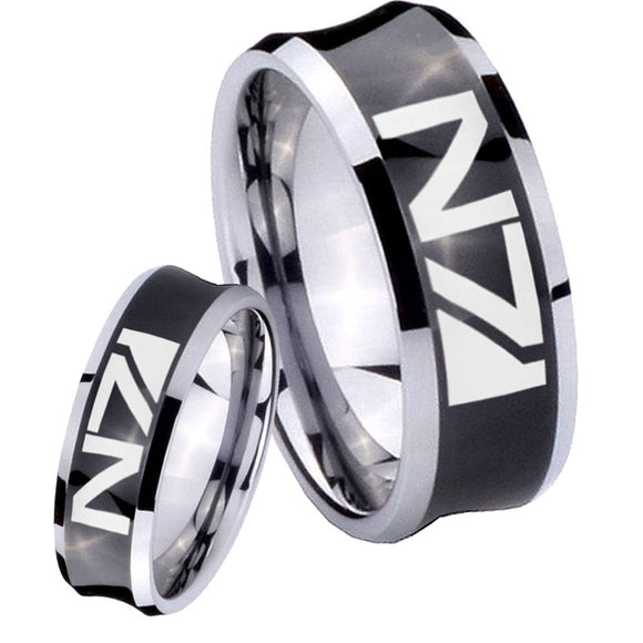 His and Hers N7 Design Concave Black Tungsten Mens Ring Engraved Set